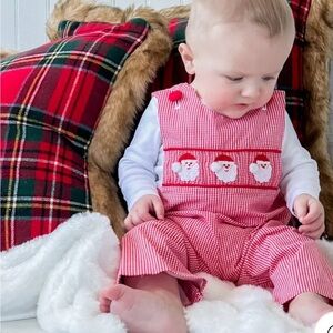 Lillie and Lilah Red Gingham Baby Boy Overalls with Santa Design